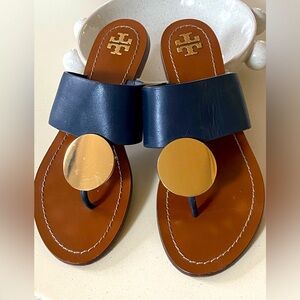 TORY BURCH PATOS DISK SANDAL✨7.5✨Navy Calf Leather w/ Gold Disk✨Great condition